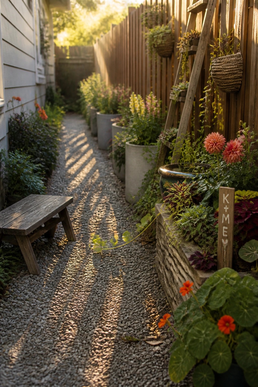 A narrow gravel path bordered by various potted flowers and plants in different sized containers, with a wooden fence and hanging planters on the right.