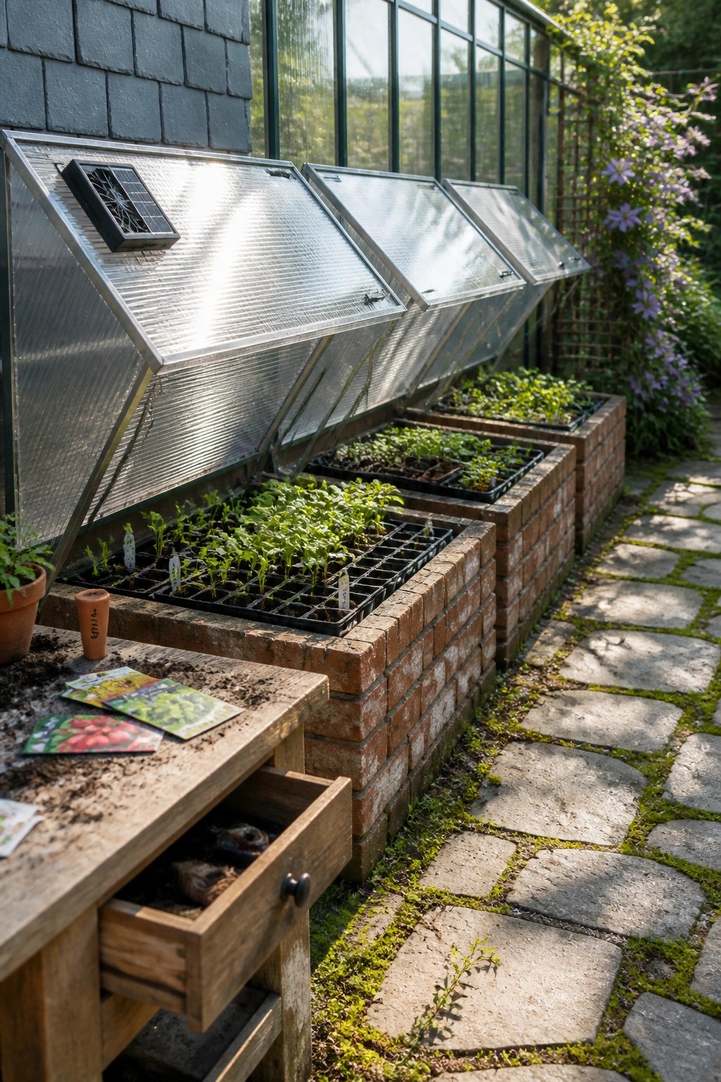 Greenhouse seedlings in open cold frames on brick beds beside stone path and workbench