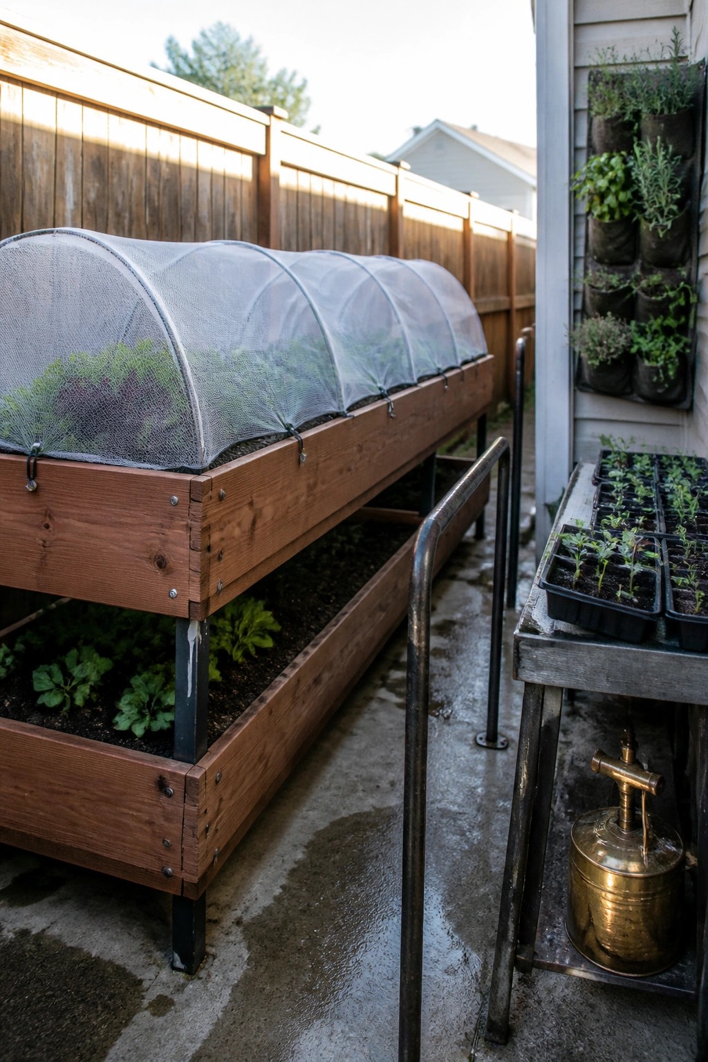 A wooden raised garden bed with an arched mesh cover holds young plants beside a table with seedling trays and a brass watering can.