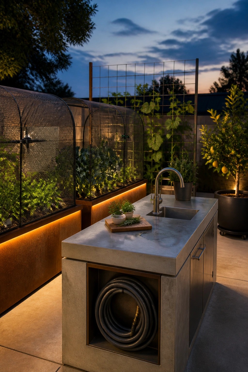 Outdoor raised garden beds with curved mesh covers next to a concrete kitchen island with sink and hose storage.