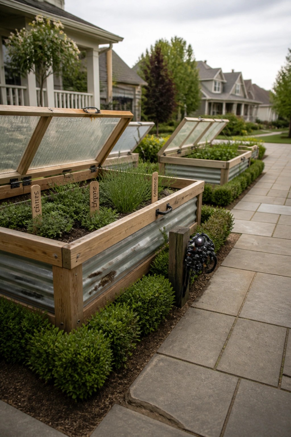 Raised garden beds with wooden frames, metal sides, and open glass lids along a paved walkway, showing labeled herbs and young plants.