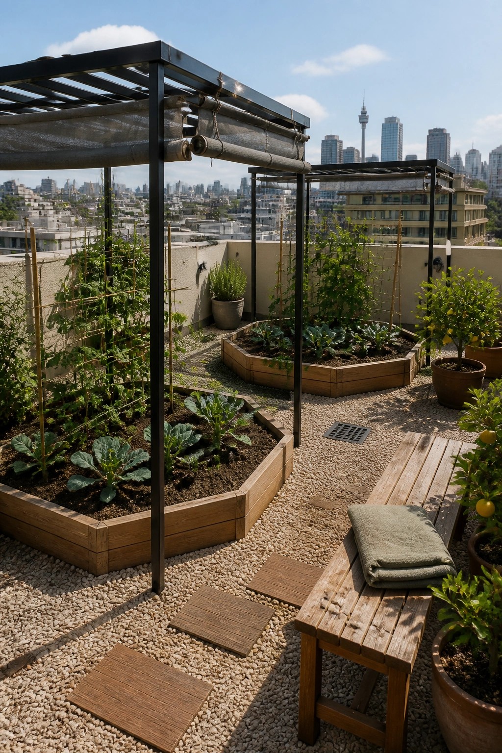 Rooftop garden with wooden vegetable beds, pergola, bench, and city skyline.
