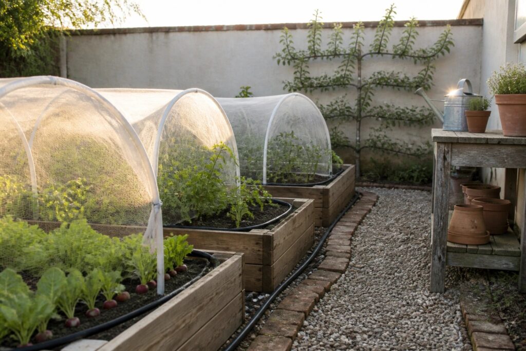16 Covered Raised Garden Beds Designed for Safer Seedlings and Fewer Pests Wooden raised garden beds fitted with arched mesh covers along a gravel path next to a white wall.