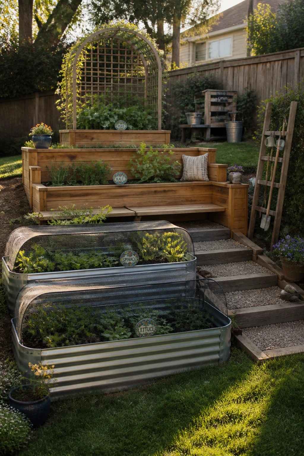 A backyard garden with wooden raised beds on steps and two metal raised beds in the foreground covered with mesh screens and vegetable signs.