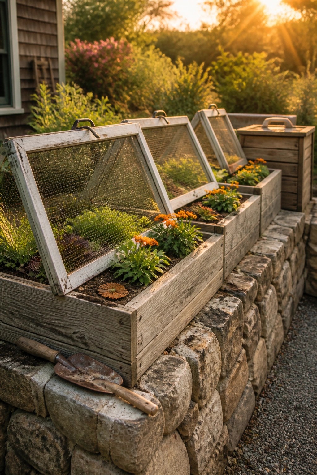 A row of wooden raised garden beds with hinged mesh covers along a stone wall, some lids open to show plants and flowers inside.
