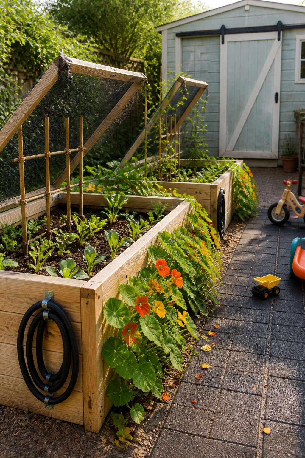 Wooden raised garden beds with open hinged mesh covers, green plants, orange flowers, and coiled hoses attached to the frames.