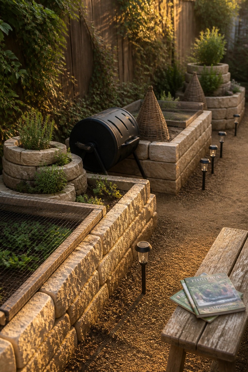 Stone raised garden beds with wire mesh covers over some sections, a gravel path, solar lights, and a wooden bench in the foreground.