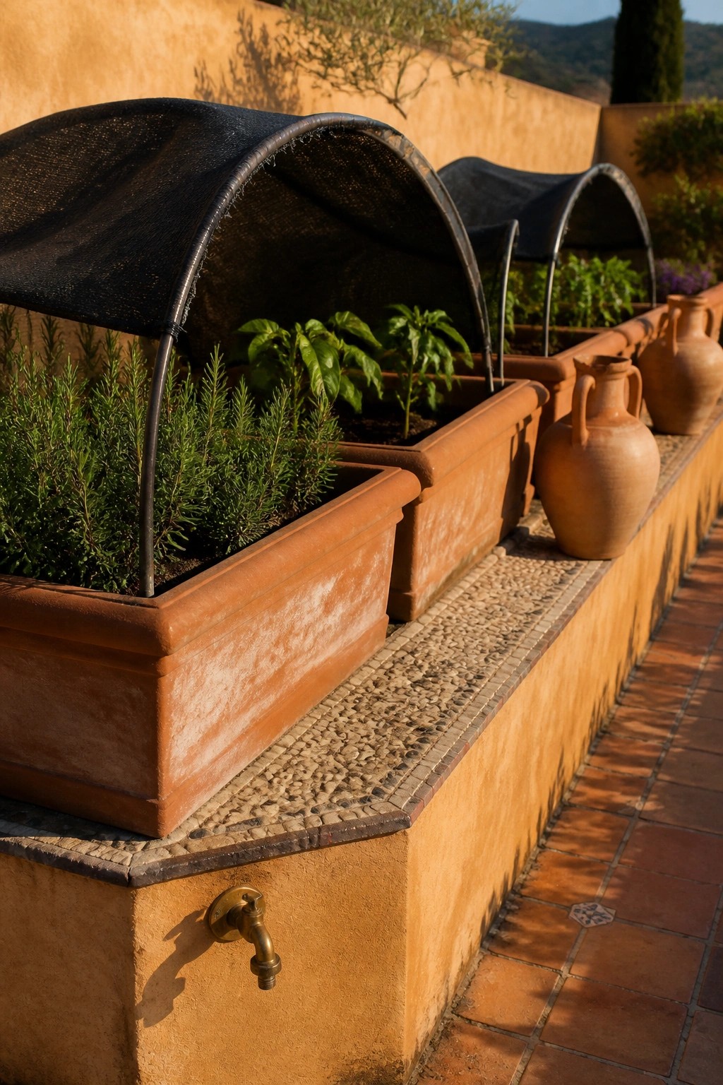 Raised terracotta garden beds fitted with arched black mesh covers, planted with herbs and vegetables, along a tiled path beside a stucco wall.