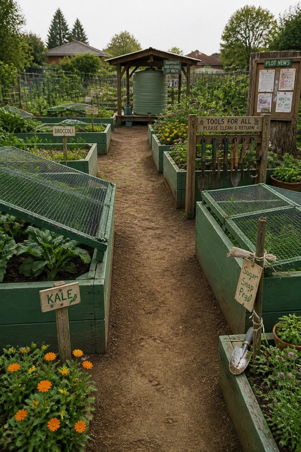 Garden path between raised beds labeled kale, broccoli, and sugar snap peas.