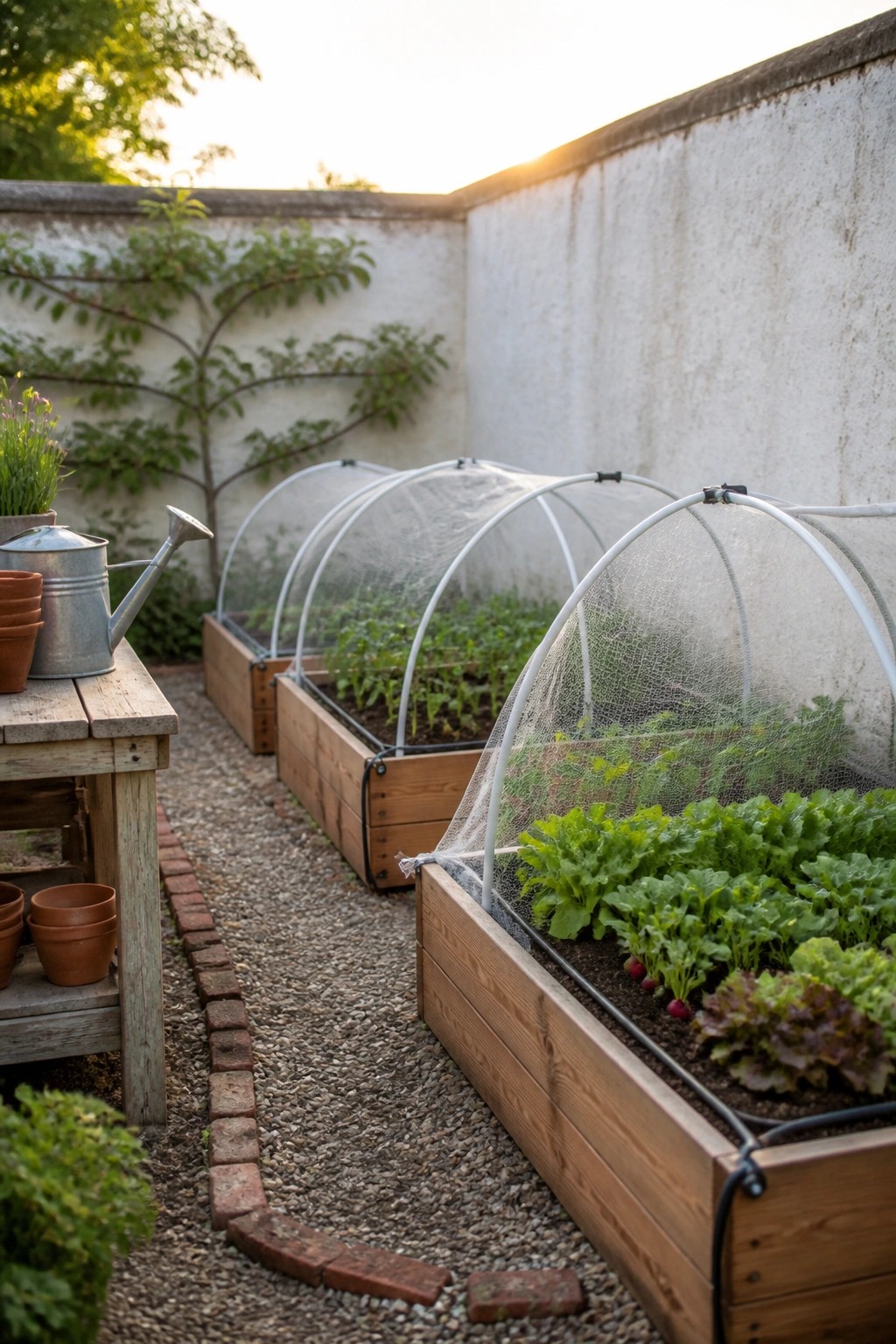 Wooden raised garden beds fitted with arched mesh covers along a gravel path next to a white wall.
