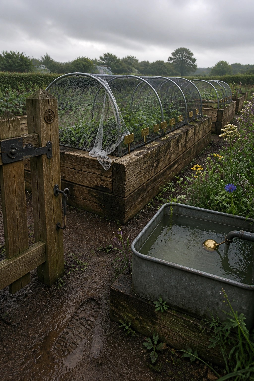 A row of raised wooden garden beds with arched wire frames covered in mesh netting, positioned beside a metal water trough on a dirt path.