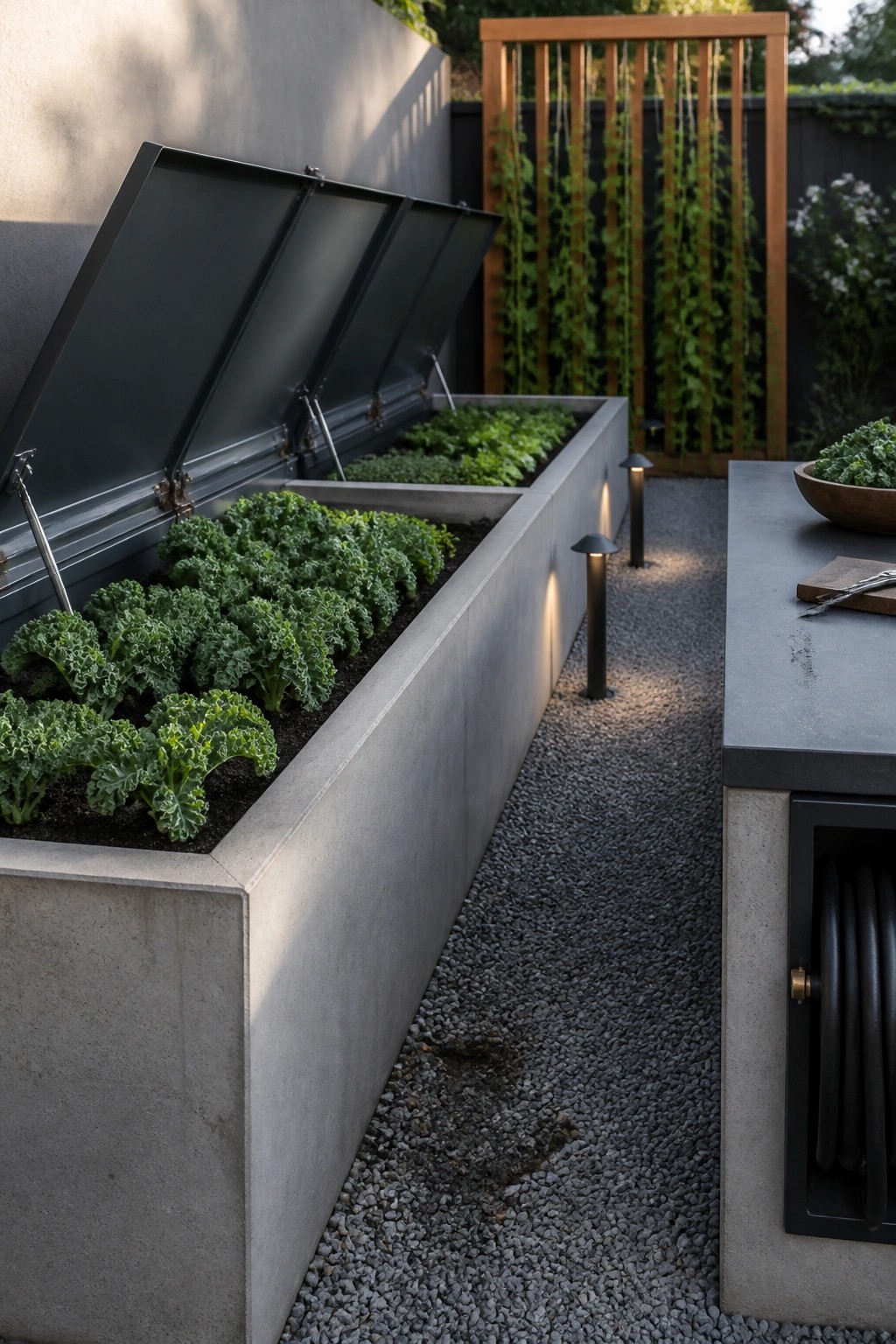 Concrete raised garden beds with open hinged metal lids, growing kale, set on gravel beside an outdoor counter.