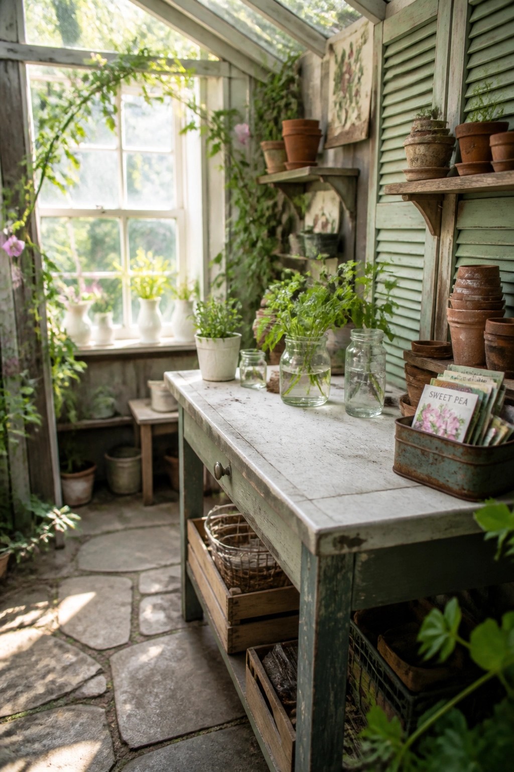 A weathered green wooden workbench inside a greenhouse holds glass jars with cuttings, potted plants, and a metal box of seed packets, with shelves of terracotta pots on the right wall.