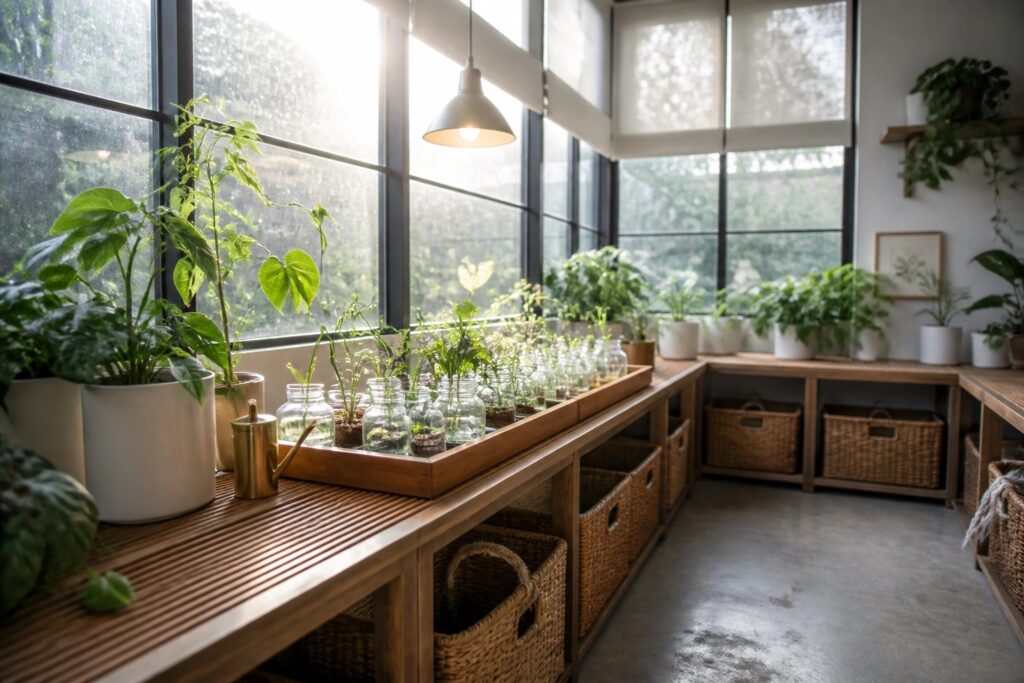 Wooden counter with potted plants, seedling trays, and woven baskets near windows.