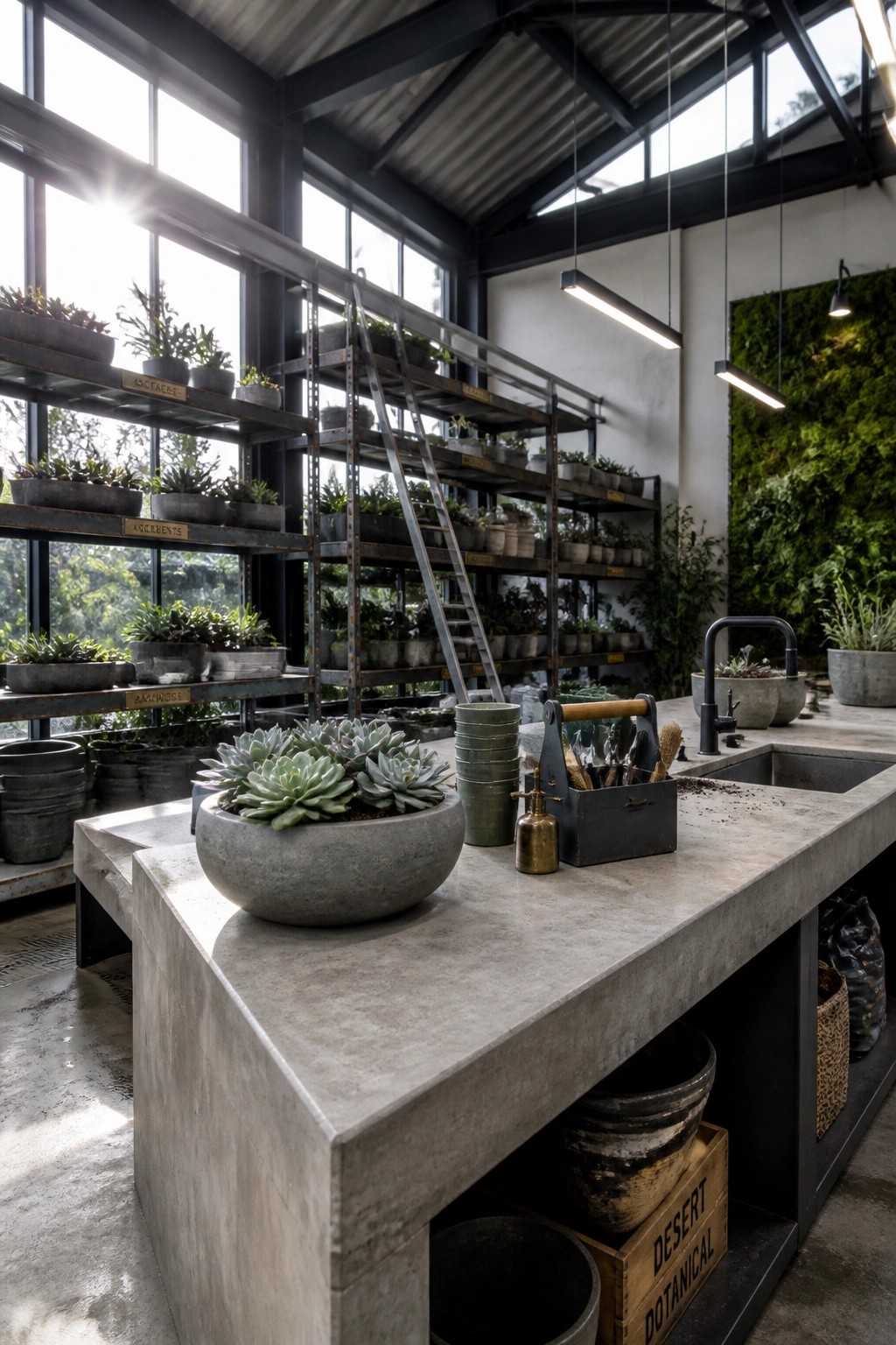 Greenhouse interior showing tall metal shelving units filled with potted plants, a leaning metal ladder, and a concrete work table in the foreground.
