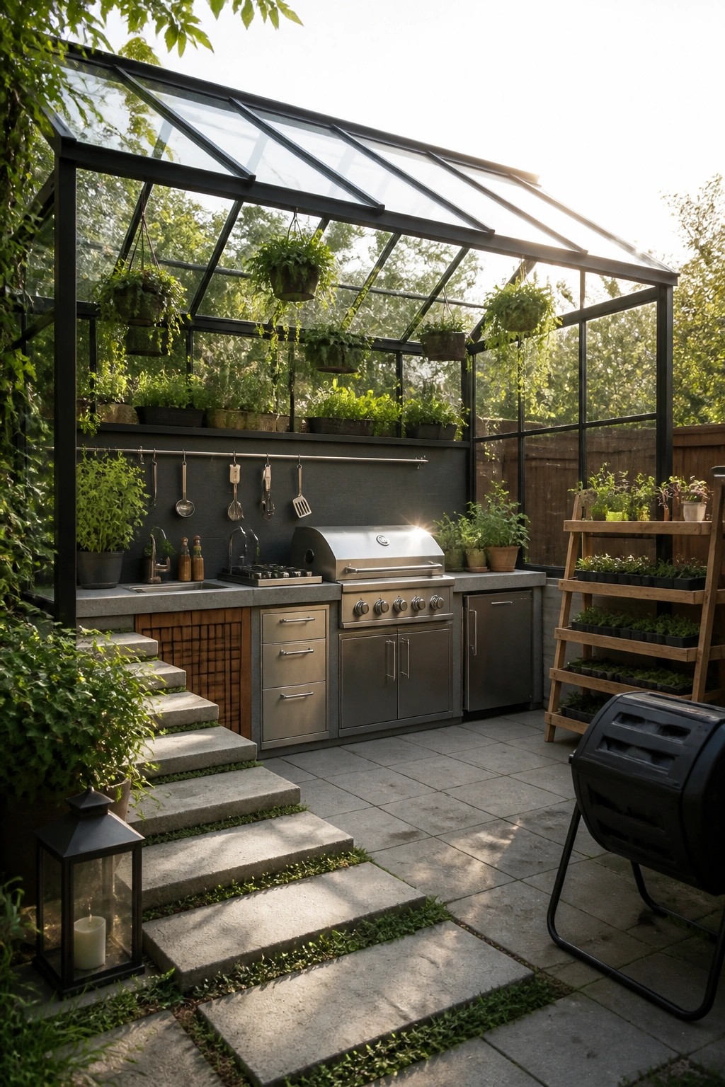 A modern glass greenhouse with thin black frames contains a stainless steel outdoor kitchen, concrete counters, hanging plants, and stone steps leading up to the space.