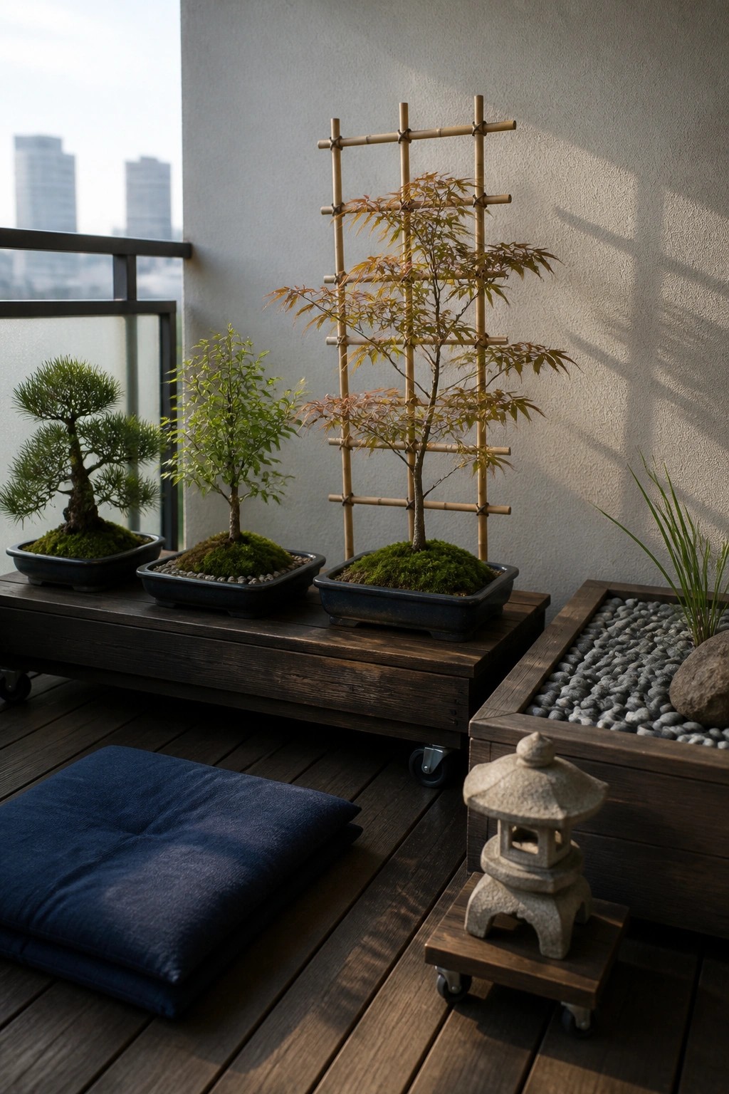 Three bonsai trees in dark pots rest on a low wooden bench with casters on a deck, beside a folded blue cushion and a stone lantern on a small wheeled platform.