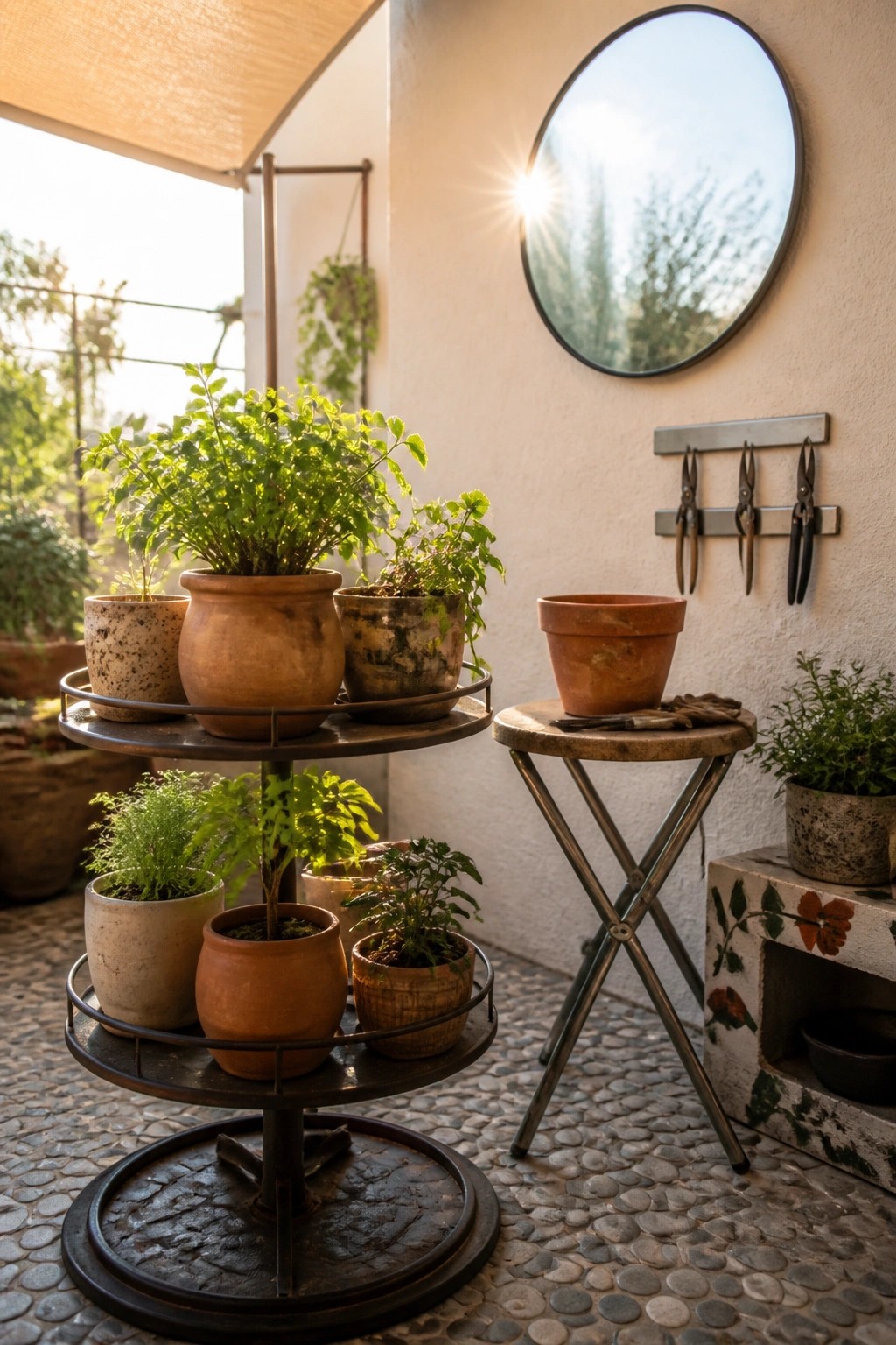 A two-tier metal plant stand with multiple potted plants sits on a cobblestone patio beside a small table and wall-mounted tools.