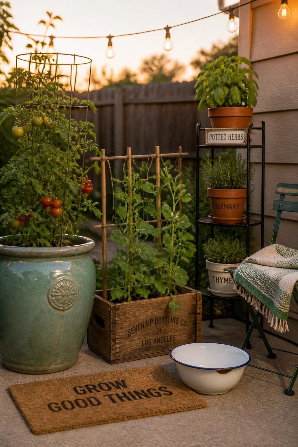 A patio garden scene with a tomato plant in a large ceramic pot, another in a wooden crate with a bamboo trellis, potted herbs on a black stand, a doormat, and a white enamel bowl on the ground.