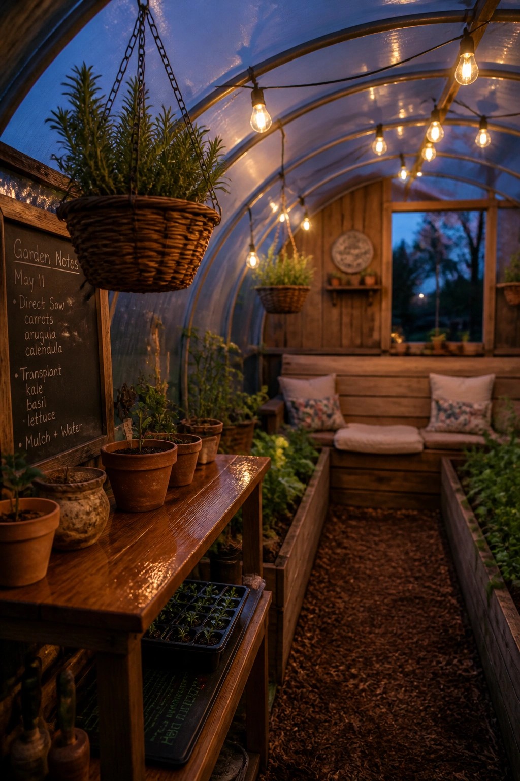 Interior of a hoop house greenhouse with a wooden bench, cushions, hanging plants, string lights, and a potting table with seedlings.