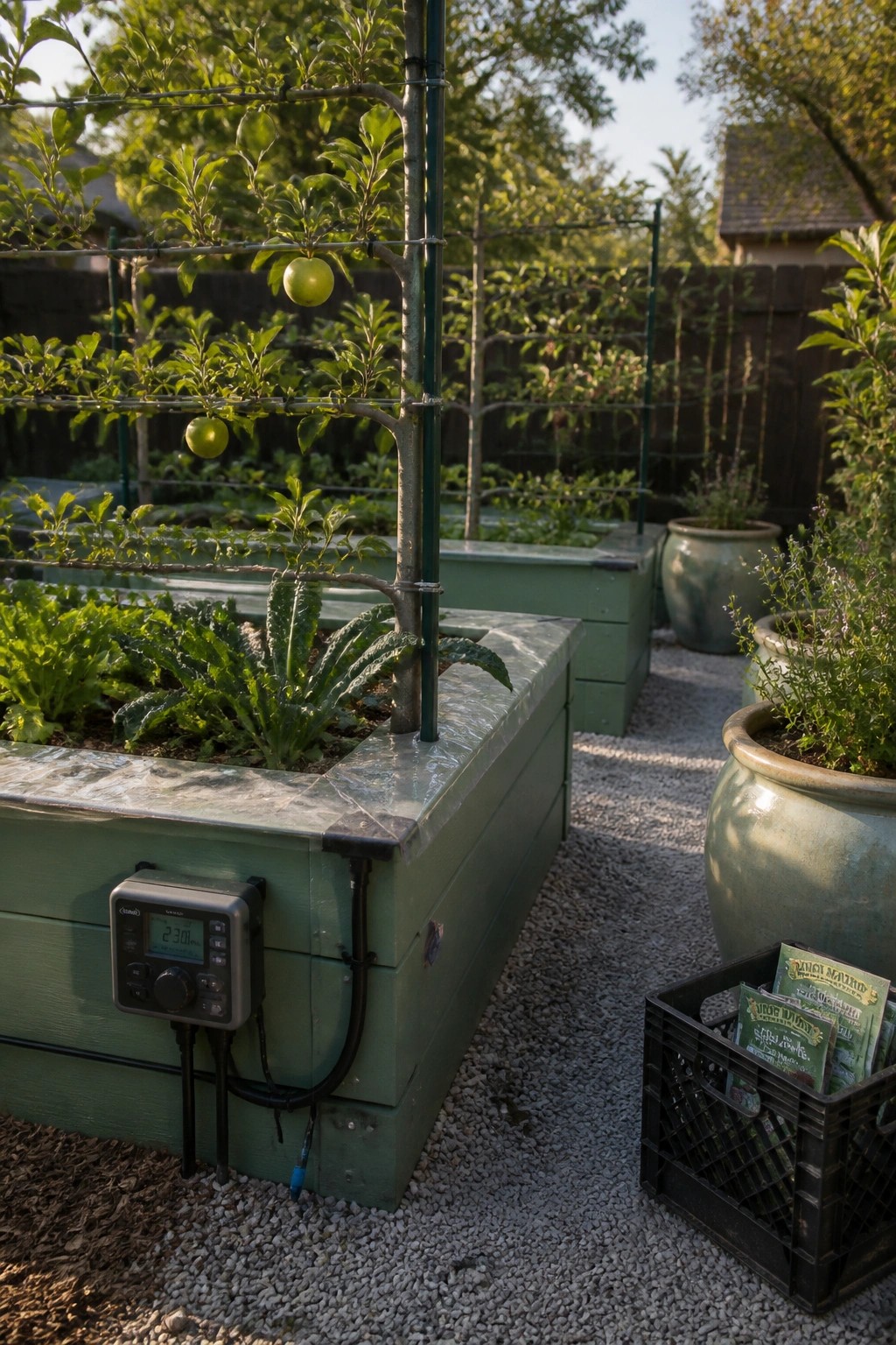 A green wooden raised garden bed with a built-in metal trellis holding tomato plants, leafy greens growing around the base, an irrigation timer mounted on the side, and ceramic pots nearby on gravel.