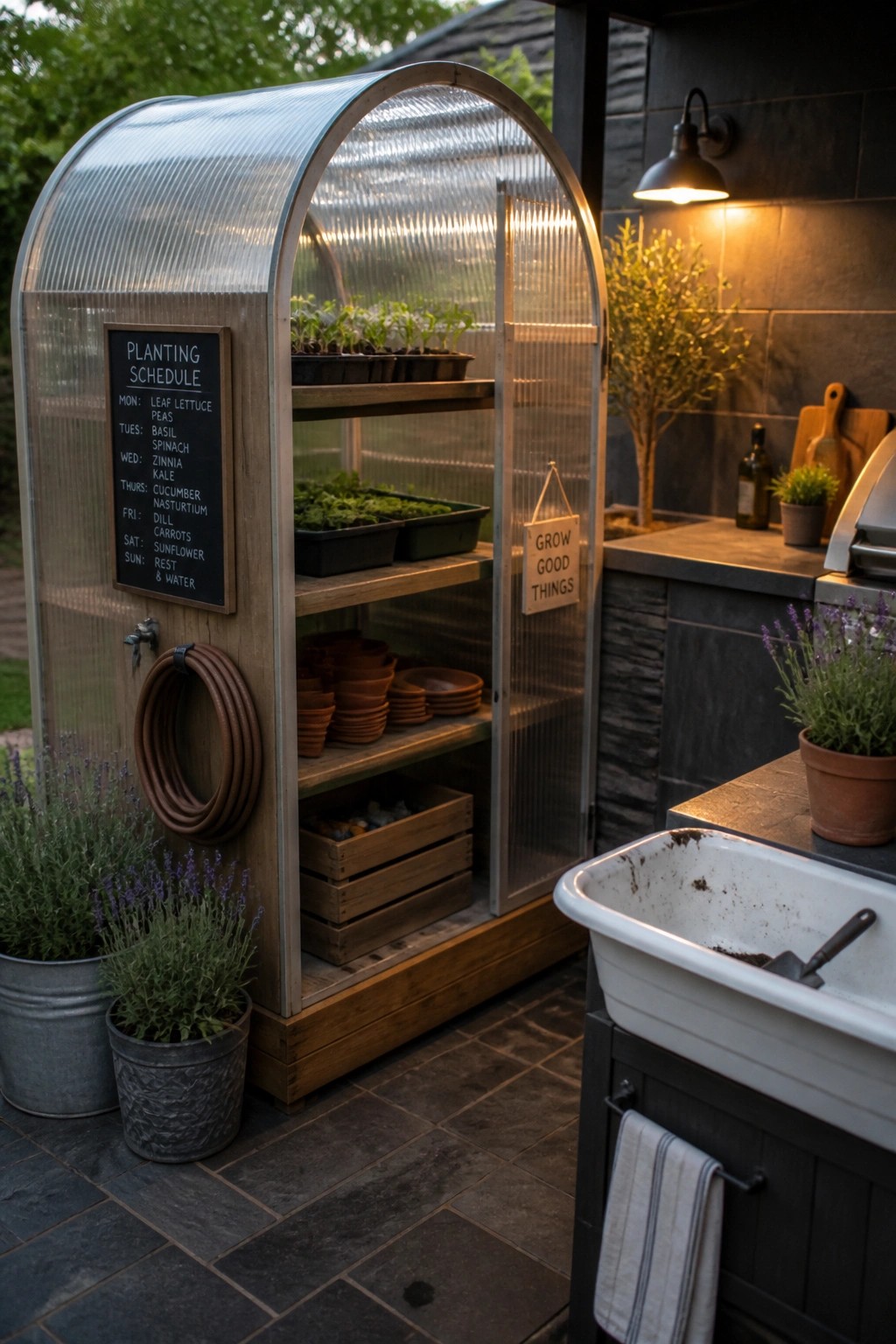 Rustic arched greenhouse with planting schedule, seedlings, pots, and outdoor sink.