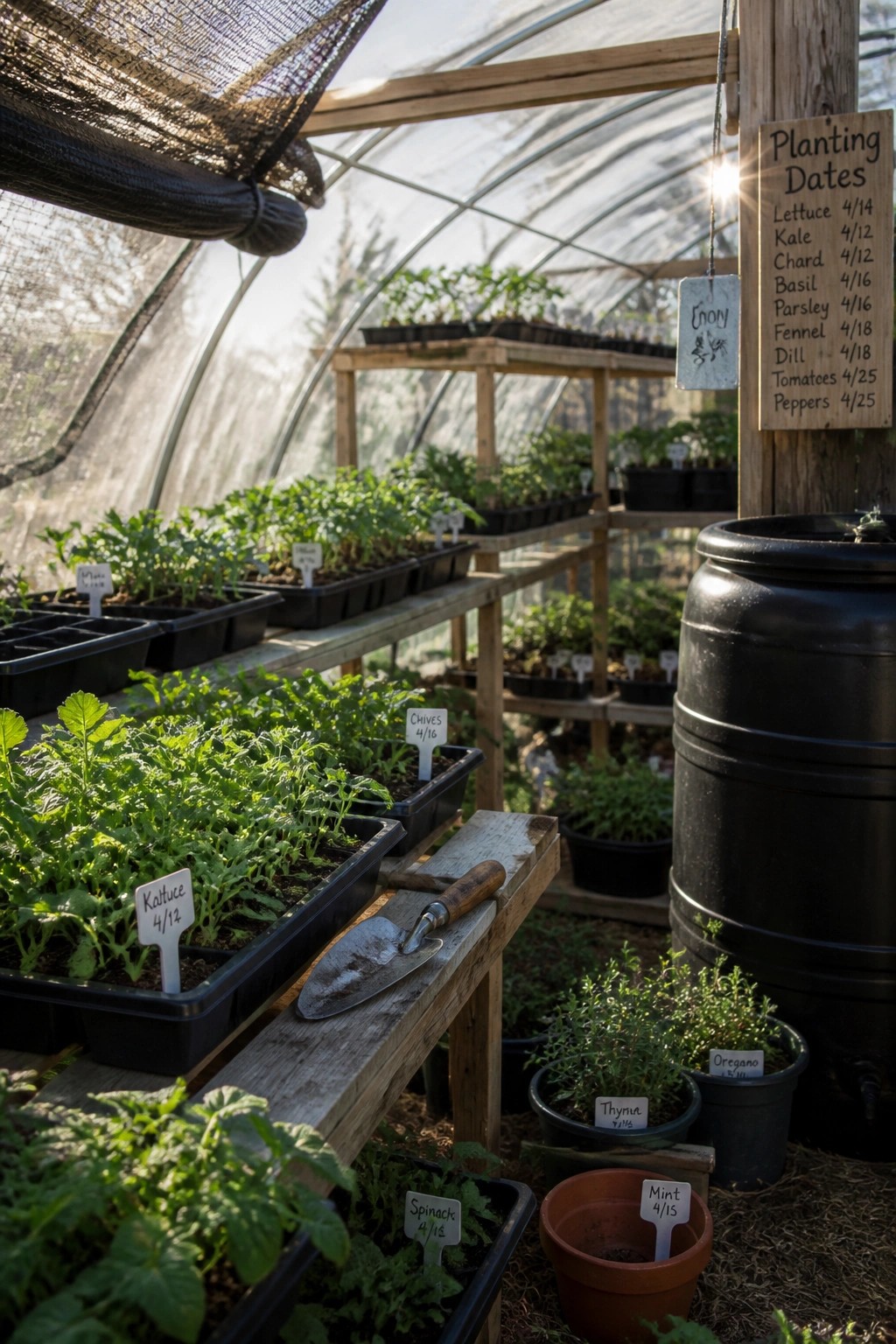 Interior view of a hoop house greenhouse showing seedling trays on wooden shelves, a planting dates board listing crops and dates, and labeled herb pots on the ground.