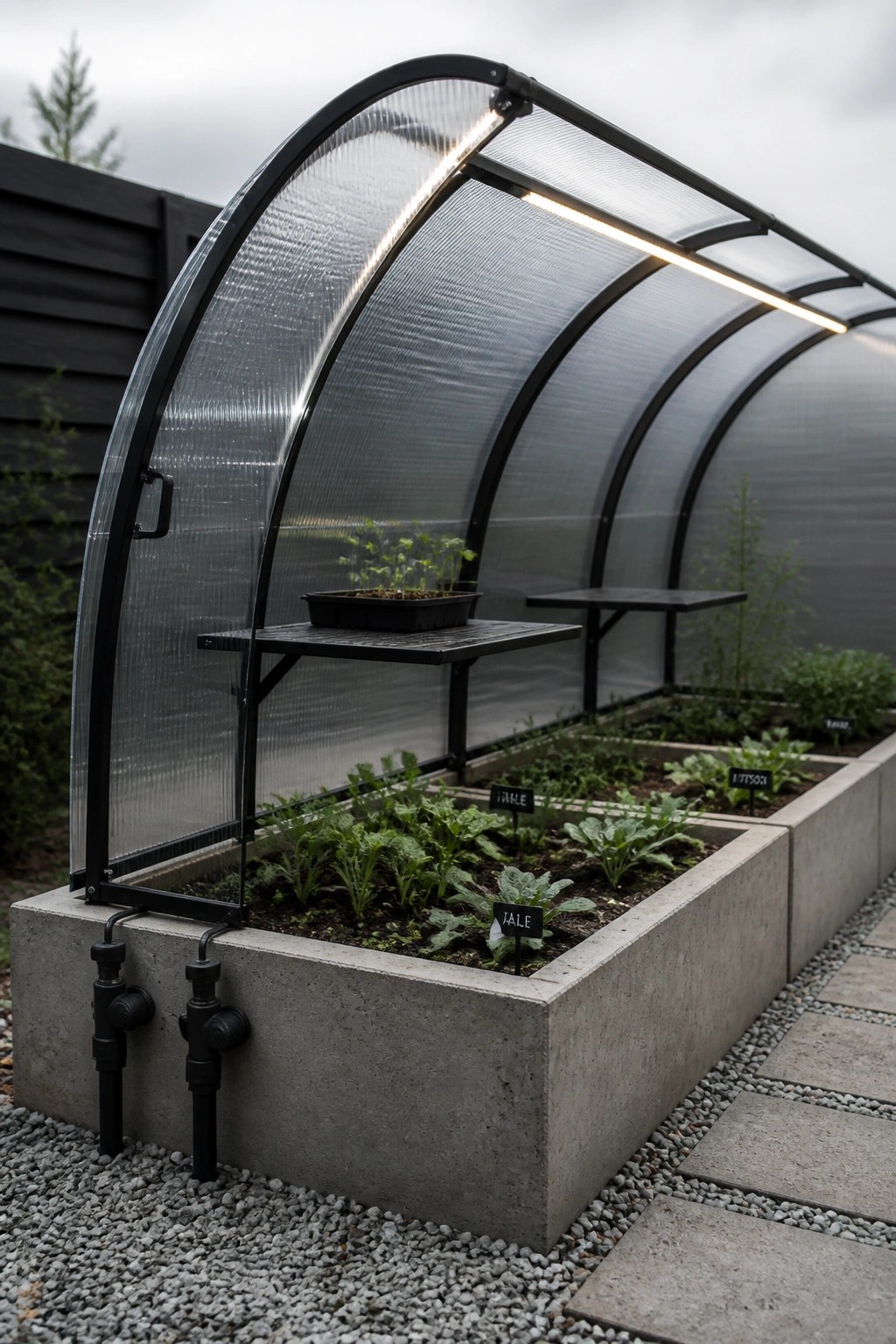 Arched ribbed greenhouse over raised concrete beds with kale and lettuce plants.