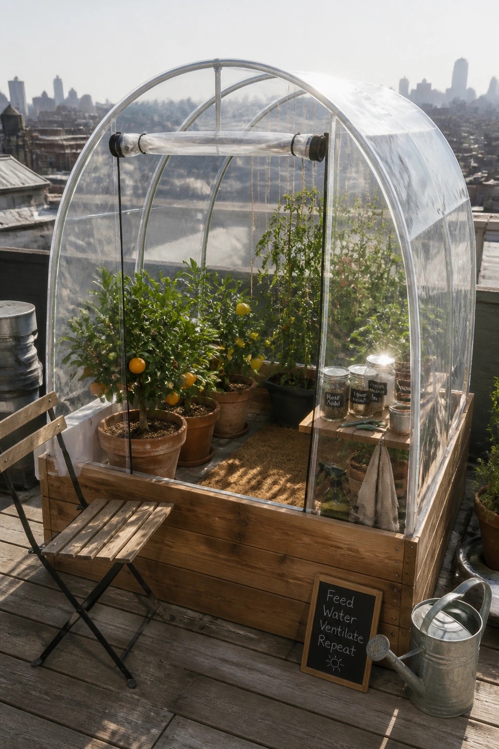 A clear arched hoop house greenhouse with a wooden base sits on a rooftop deck, filled with potted plants and citrus trees, next to a folding chair and watering can.