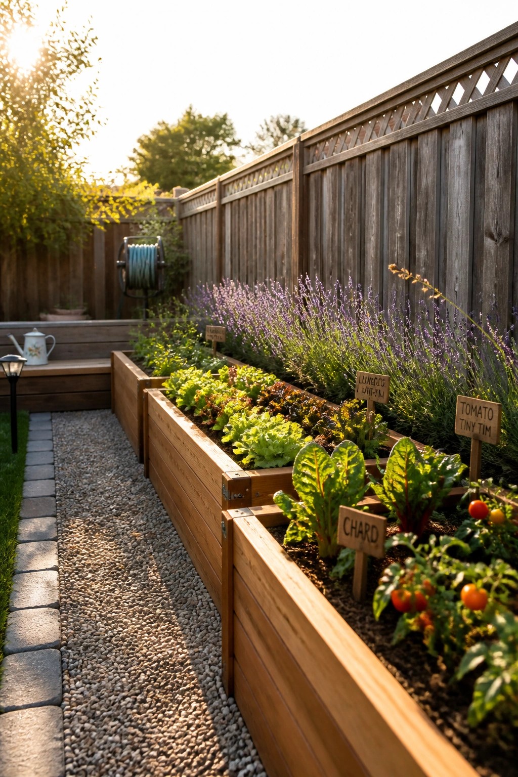 Wooden waist-high raised garden beds with vegetables and herbs line a gravel path beside a tall wooden fence.