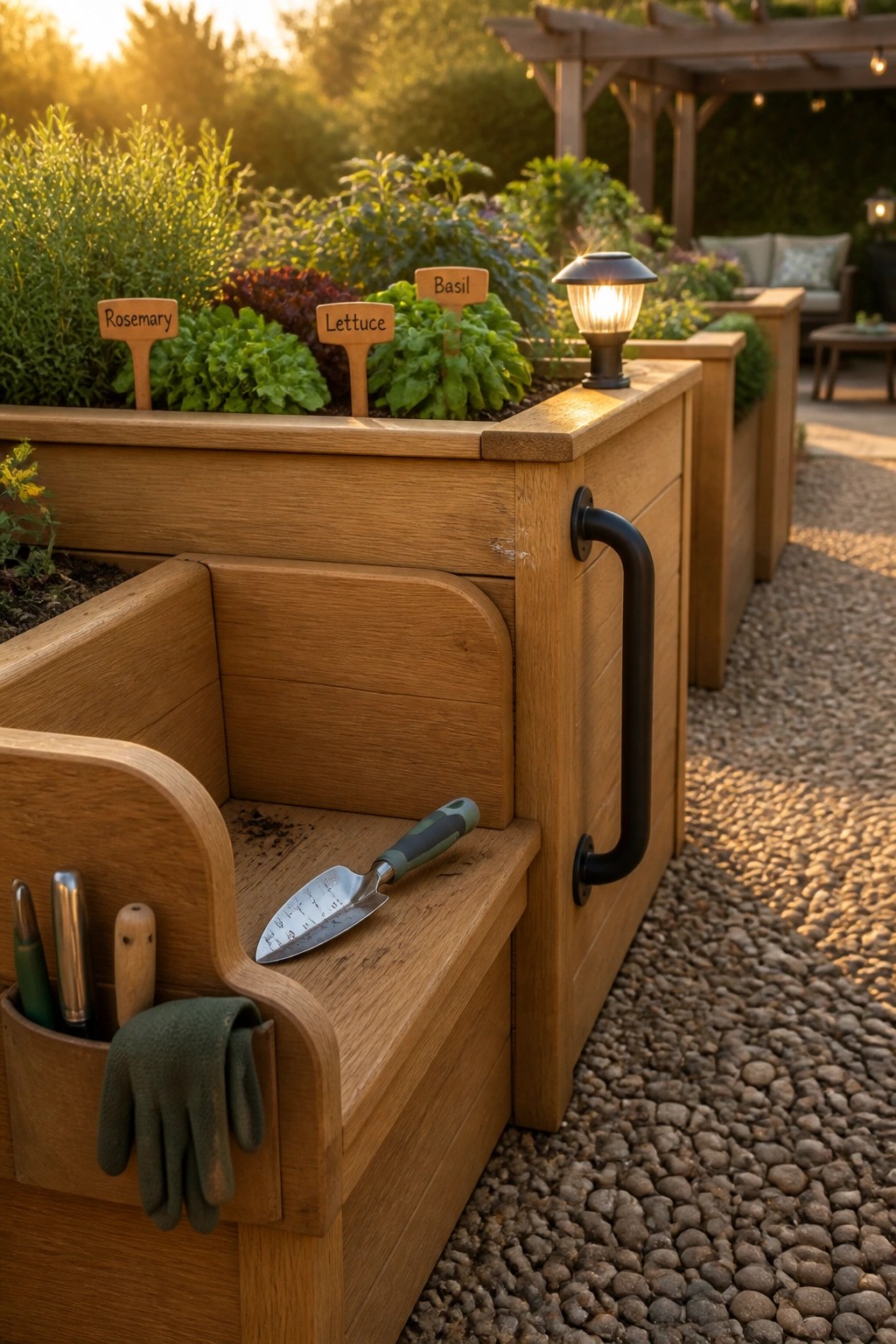 Wooden waist-high raised garden beds with labeled plants, a lit lamp on top, and gardening tools stored in a side compartment along a gravel path.