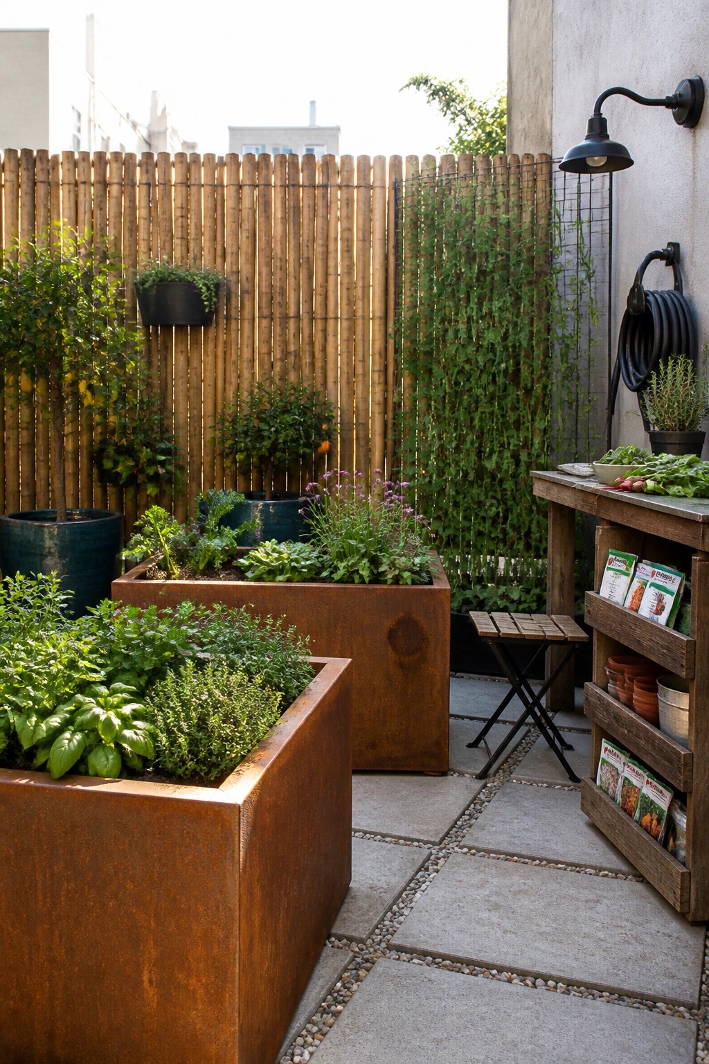 An outdoor patio with two large rectangular raised garden beds made of rusted metal, filled with leafy plants, set on stone pavers beside a wooden cart holding seed packets.