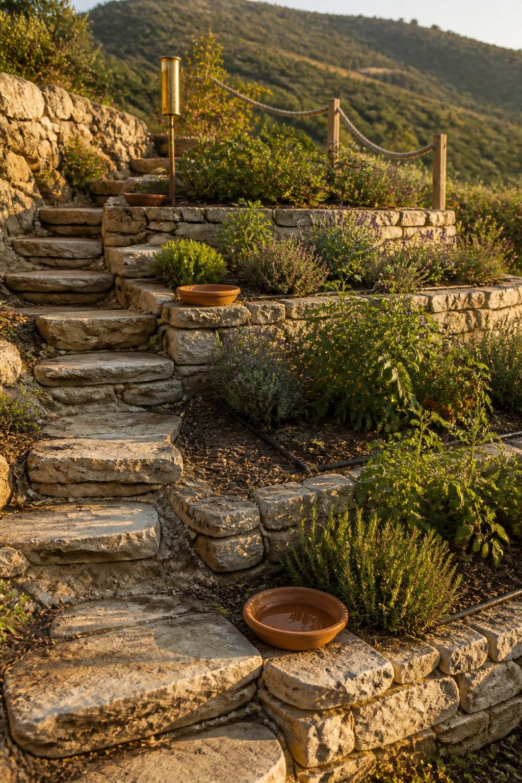 Stone retaining walls form multiple levels of raised garden beds with stone steps, various plants, and a hillside in the background.