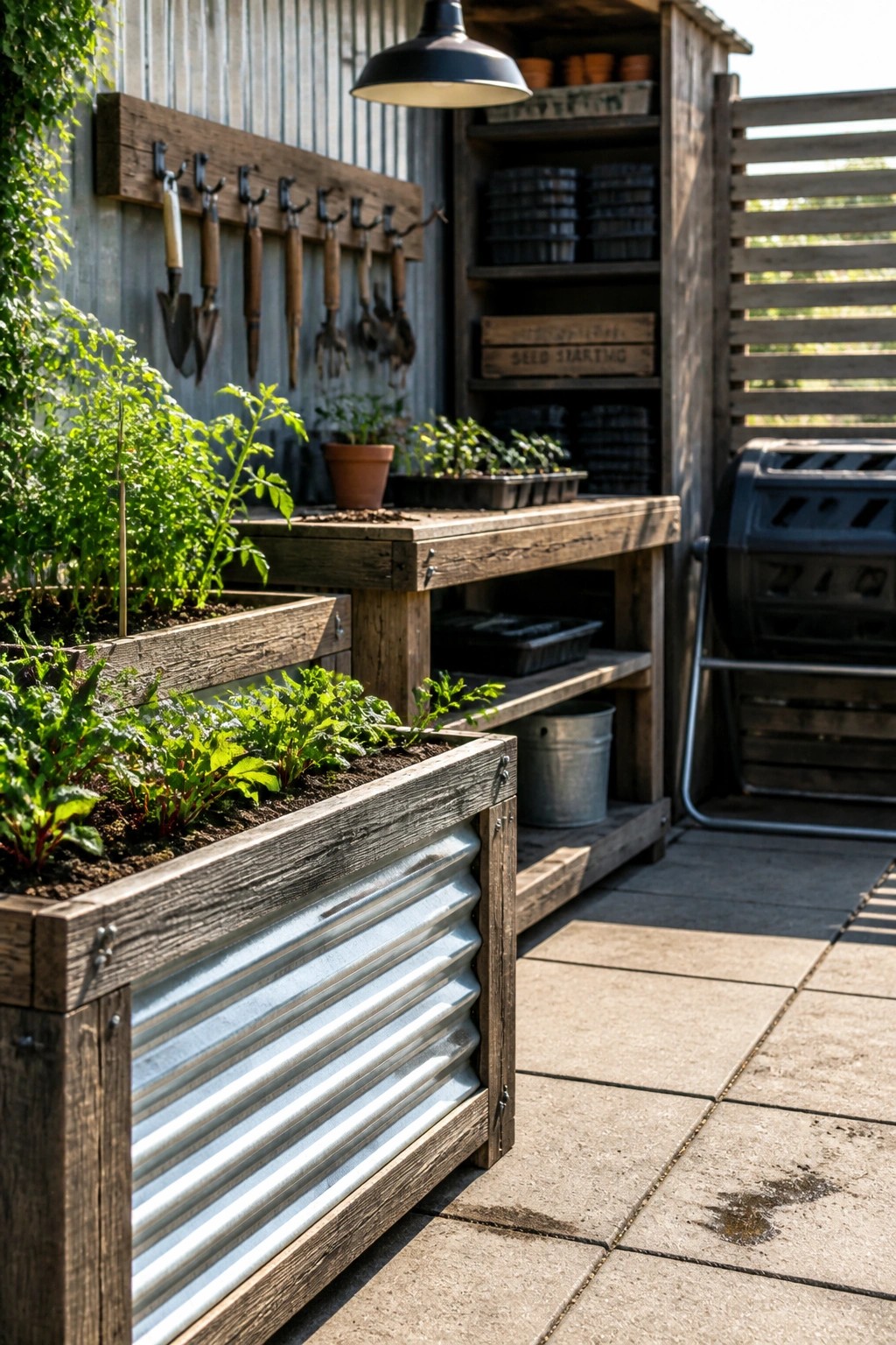 A waist-high raised garden bed with a wooden frame and corrugated metal sides holds leafy plants beside a potting bench with hanging tools and open shelves.