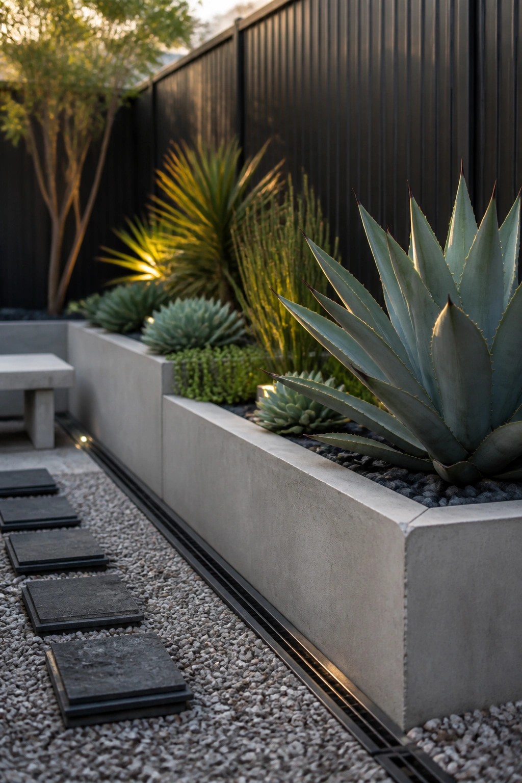 Concrete raised garden beds filled with agave and succulents run alongside a gravel path with dark stepping stones.