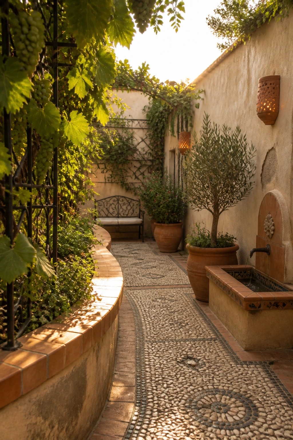 Sunlit Mediterranean courtyard path with pebble mosaics, olive tree, and fountain.