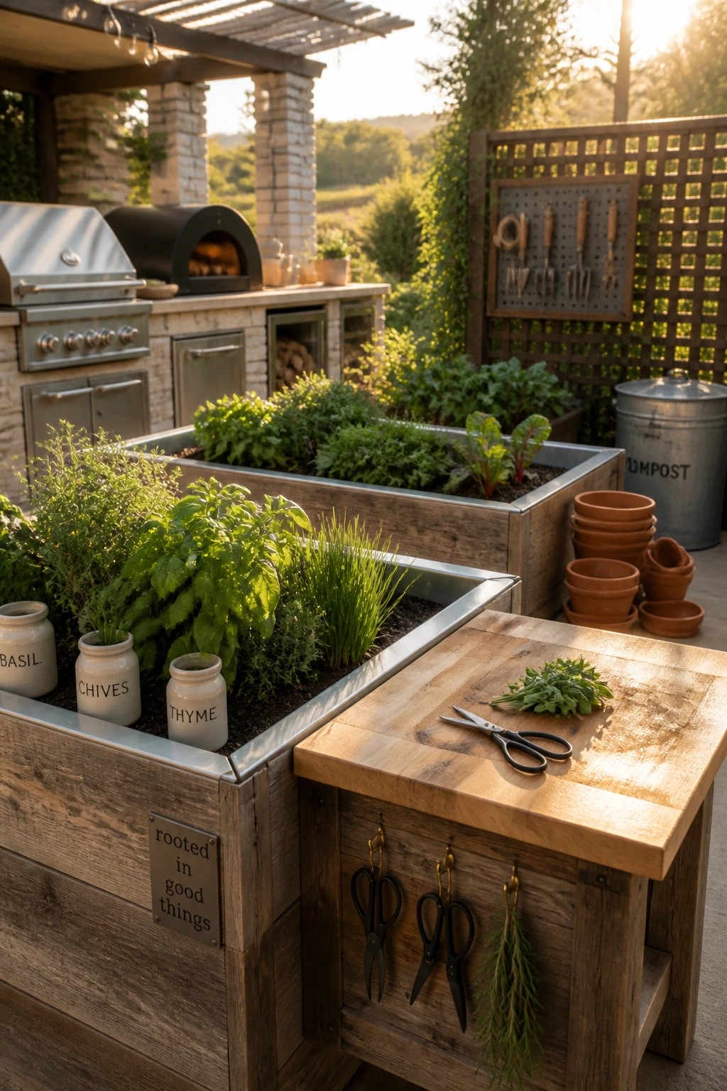 A wooden raised garden bed with metal trim holds herbs in labeled ceramic pots, with scissors and cut greens on an attached wooden work surface in an outdoor kitchen setting.