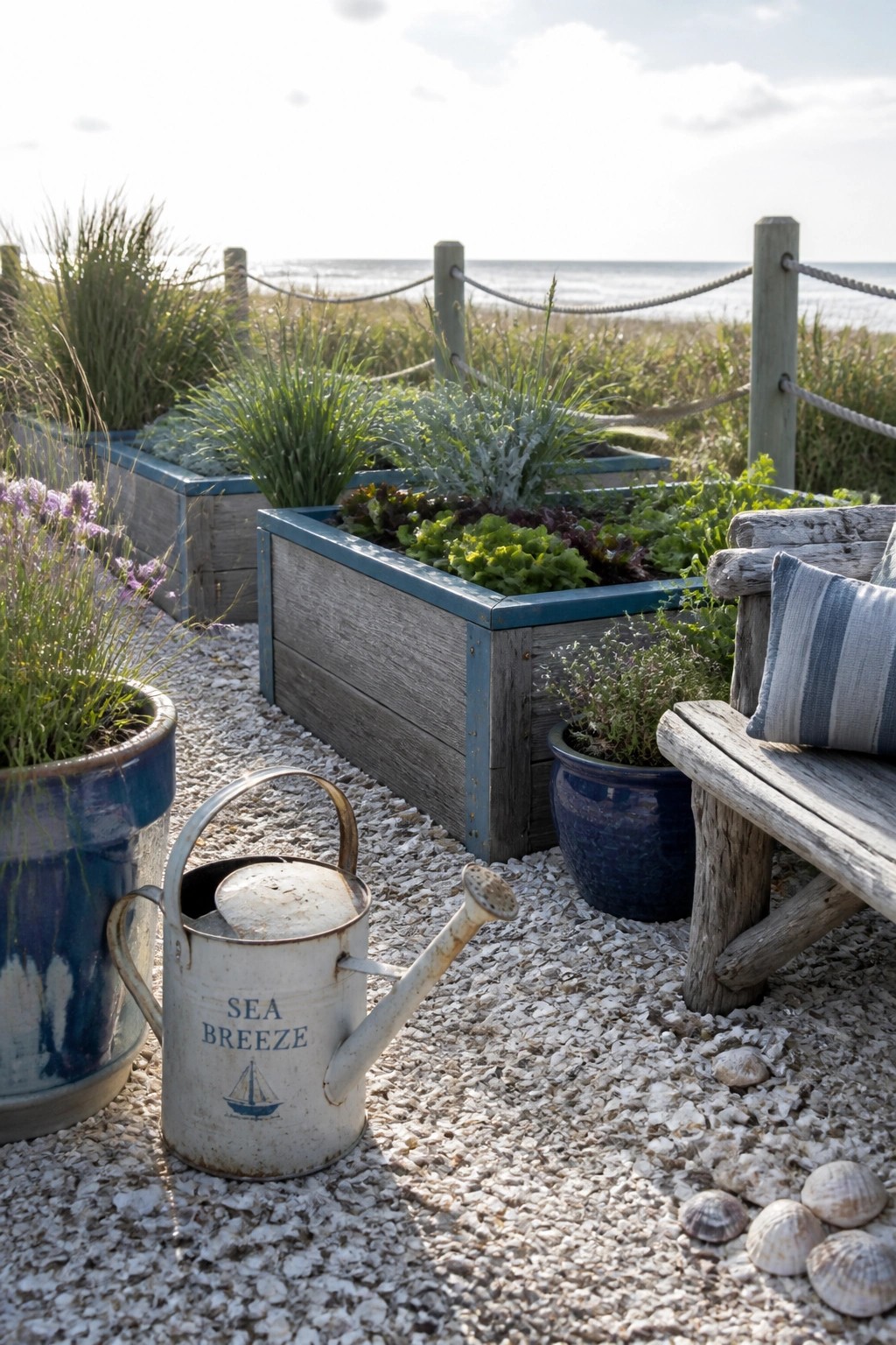 Several waist-high wooden raised garden beds with blue trim sit on gravel beside a wooden bench, with a metal watering can and blue ceramic pots in the foreground.