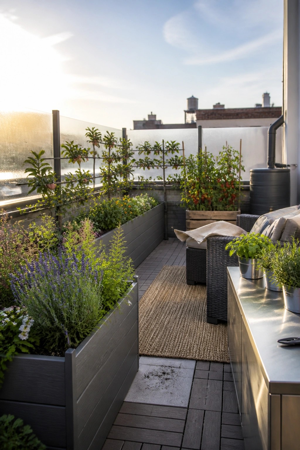 A rooftop terrace lined with waist-high raised garden beds containing vegetables, herbs, and flowers, with a woven rug and outdoor seating nearby.