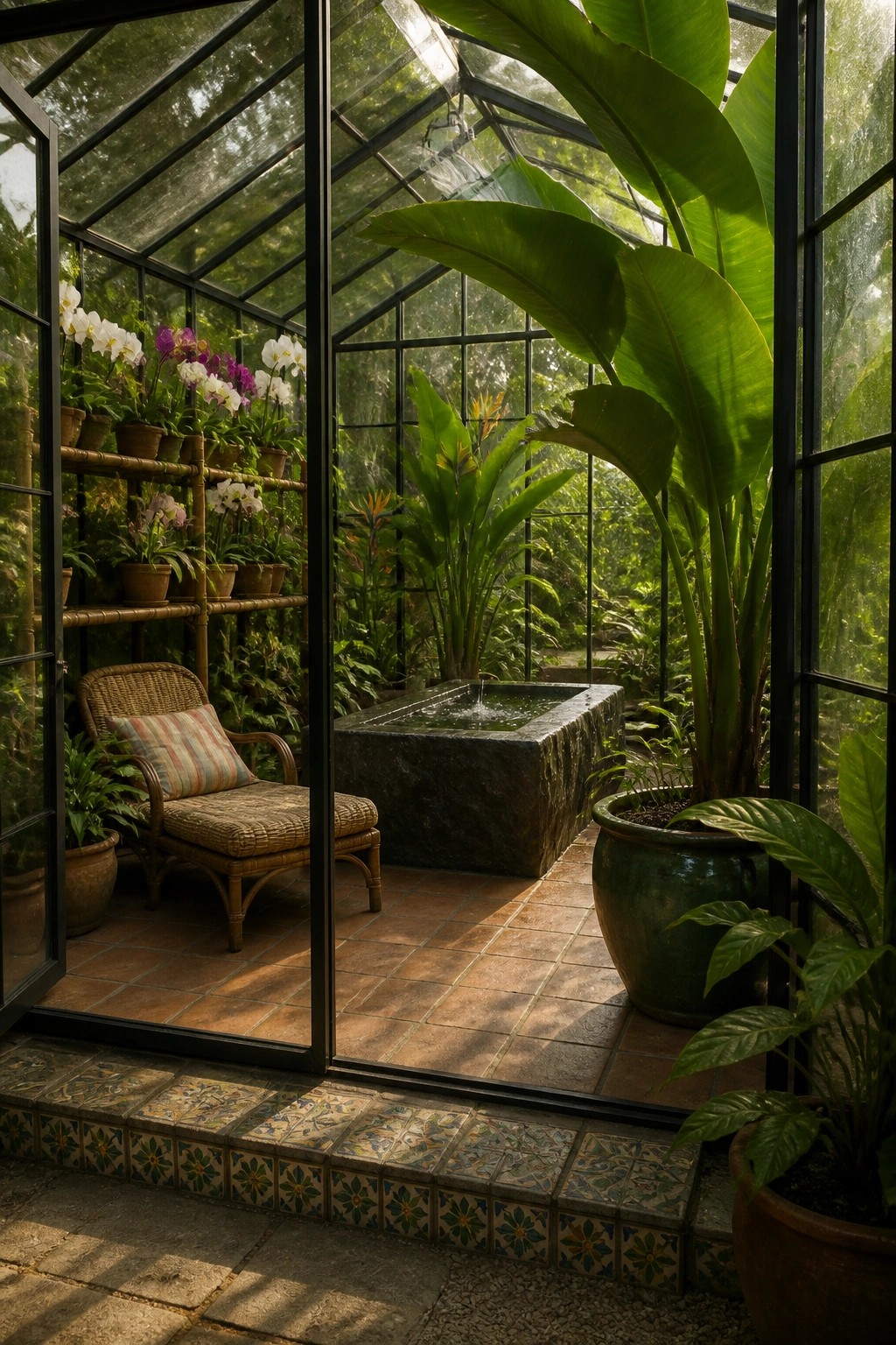 Interior of a glass greenhouse showing a wicker chair with a striped cushion, shelves of potted orchids, a stone water basin, and large leafy plants on terracotta tile flooring.