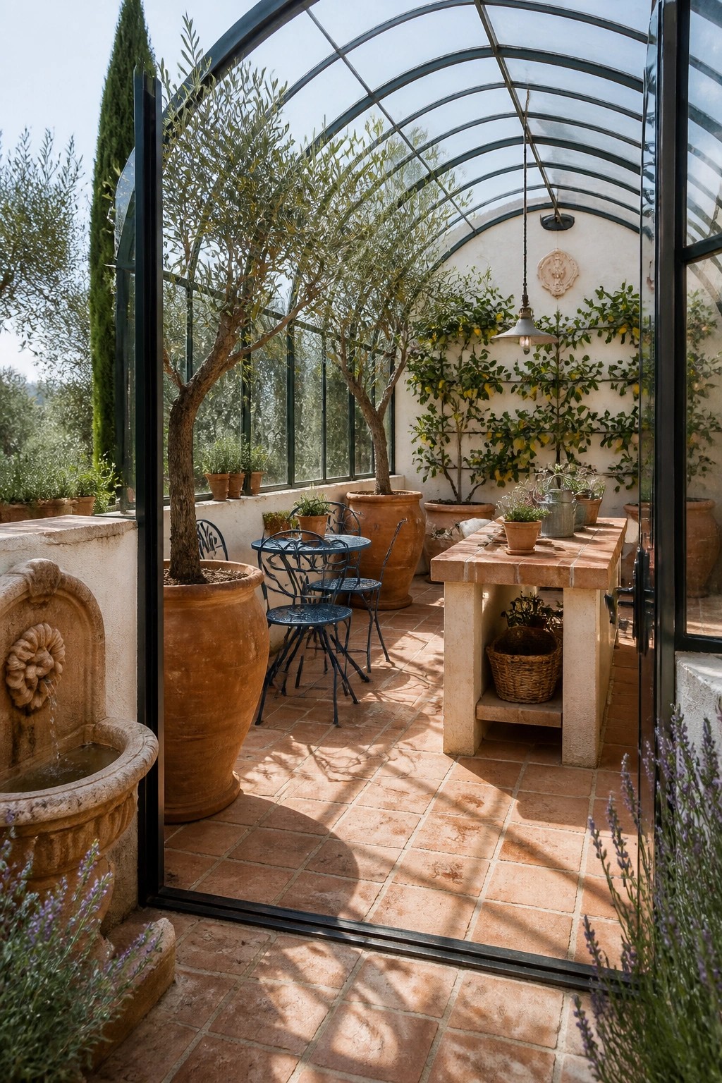 Sunlit conservatory with terracotta tiles, potted olive trees, blue table set, and fountain.