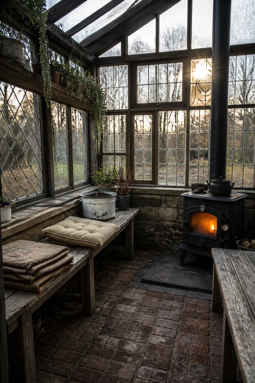 Interior of a wooden greenhouse with a black wood stove burning on a stone base, wooden benches with cushions along the windows, potted plants on shelves, and brick flooring.