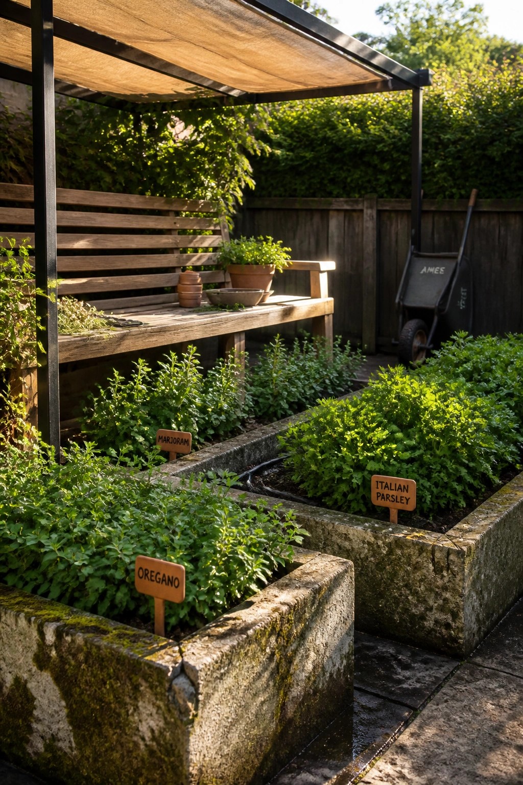 Concrete raised beds with labeled herb plants including oregano, marjoram, and Italian parsley, beside a wooden bench under a shade structure.