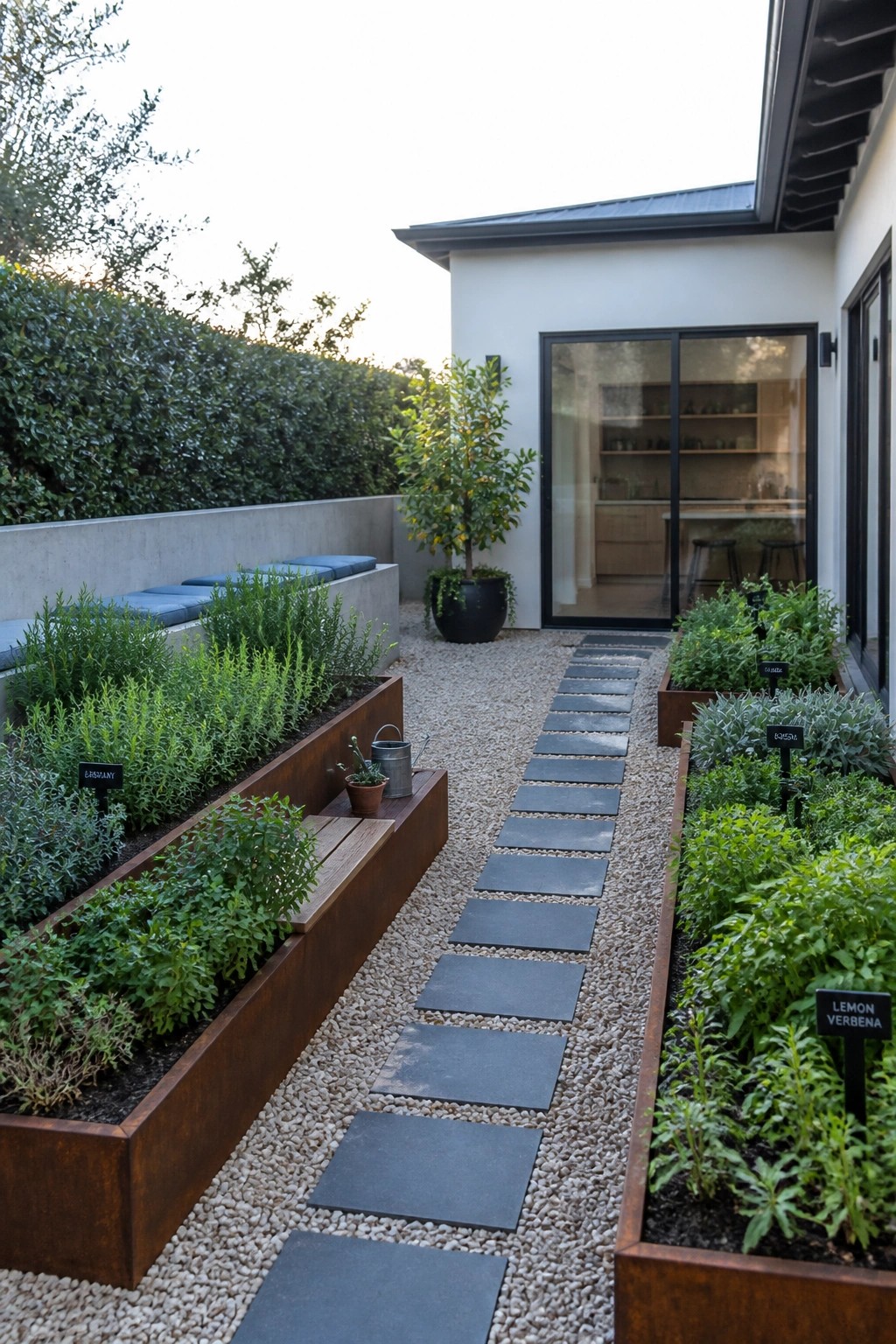 A gravel path with dark stone pavers runs between rectangular rusted metal raised beds filled with herbs beside a modern white house.