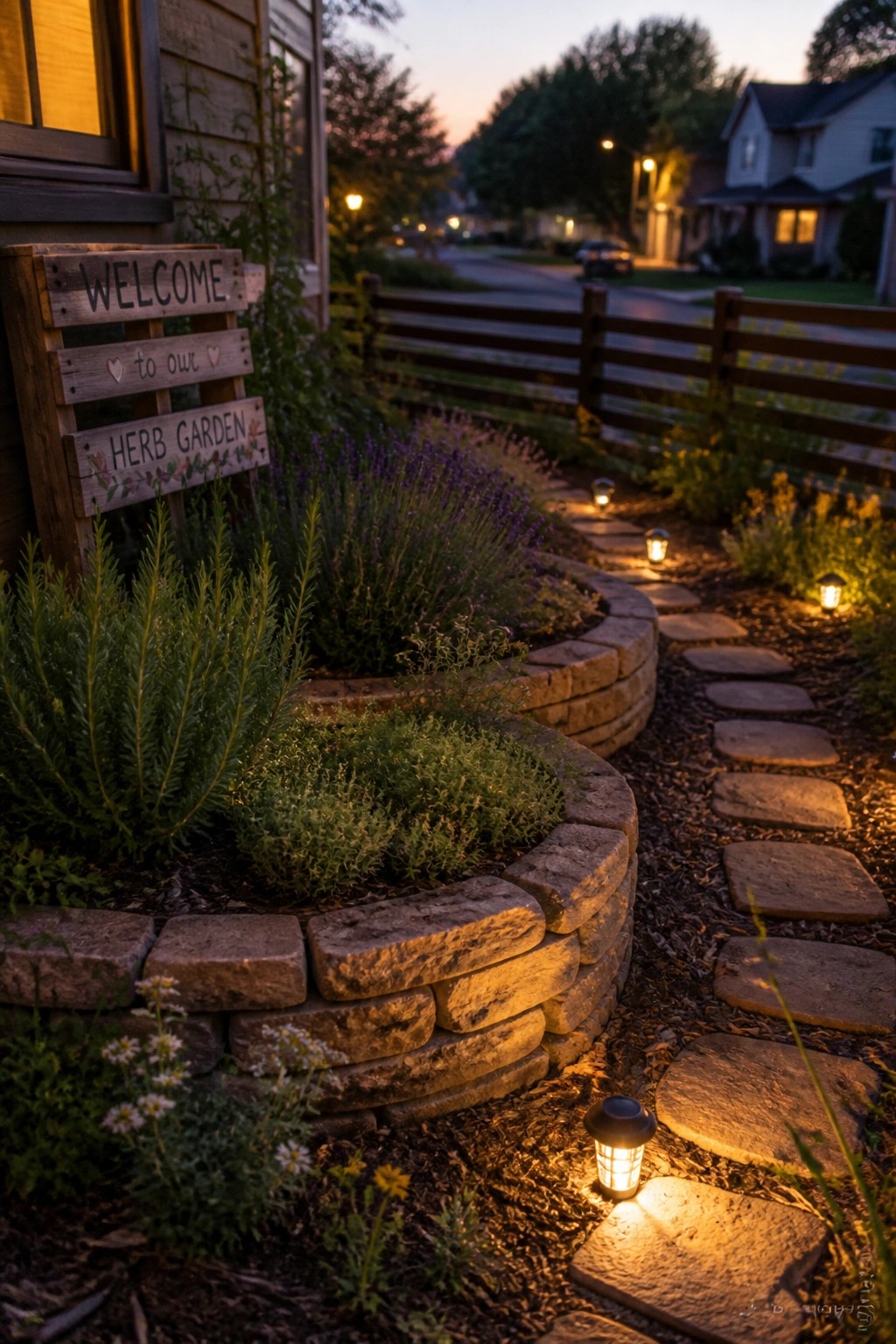 A curved stone raised bed with herbs and flowers sits beside a lit stone pathway leading past a wooden welcome sign at dusk.