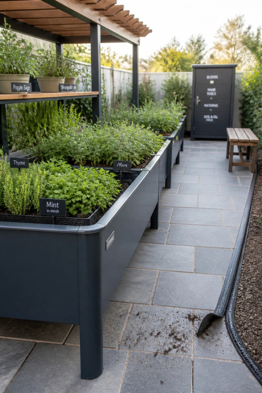 A row of dark raised garden beds with labeled herbs lines a stone pathway next to a black storage cabinet.