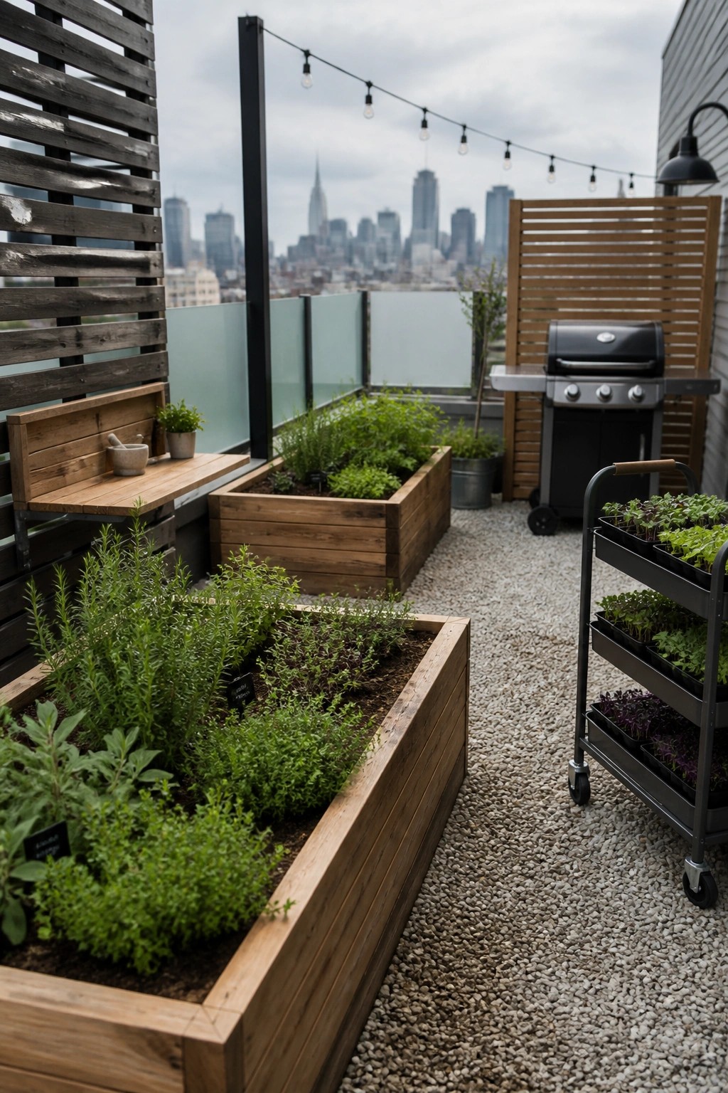 Rooftop terrace with rectangular wooden raised beds containing various herbs, set on gravel beside a grill and city skyline.