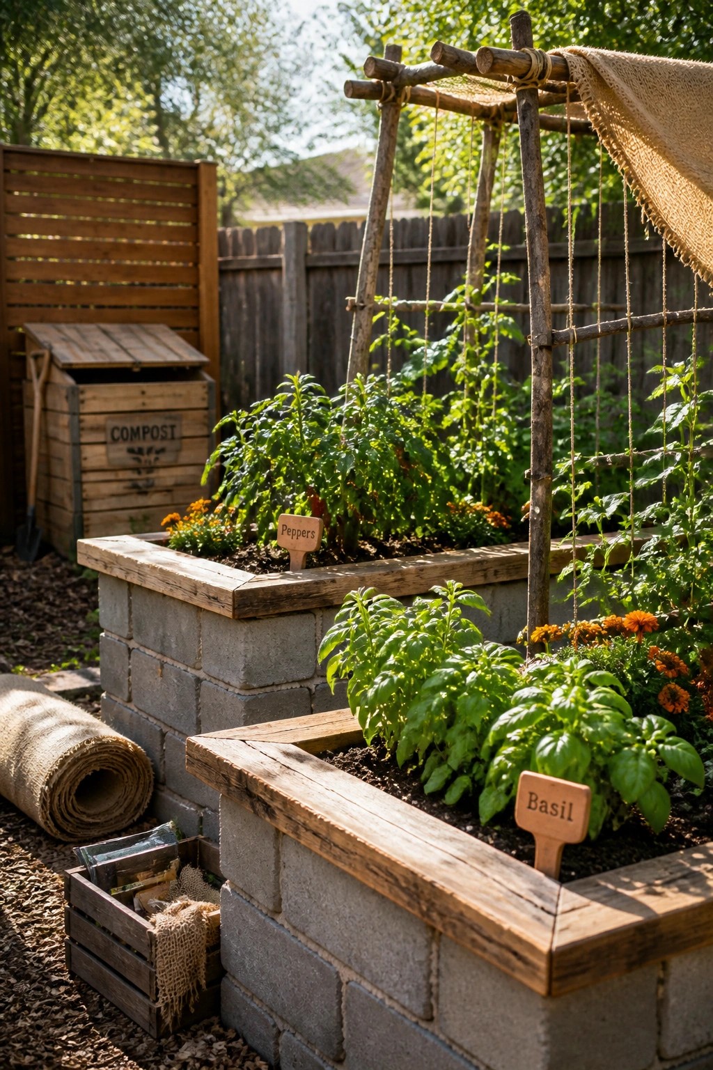 Two raised garden beds constructed from gray cinder blocks topped with wood, planted with peppers and basil, next to a wooden compost bin.