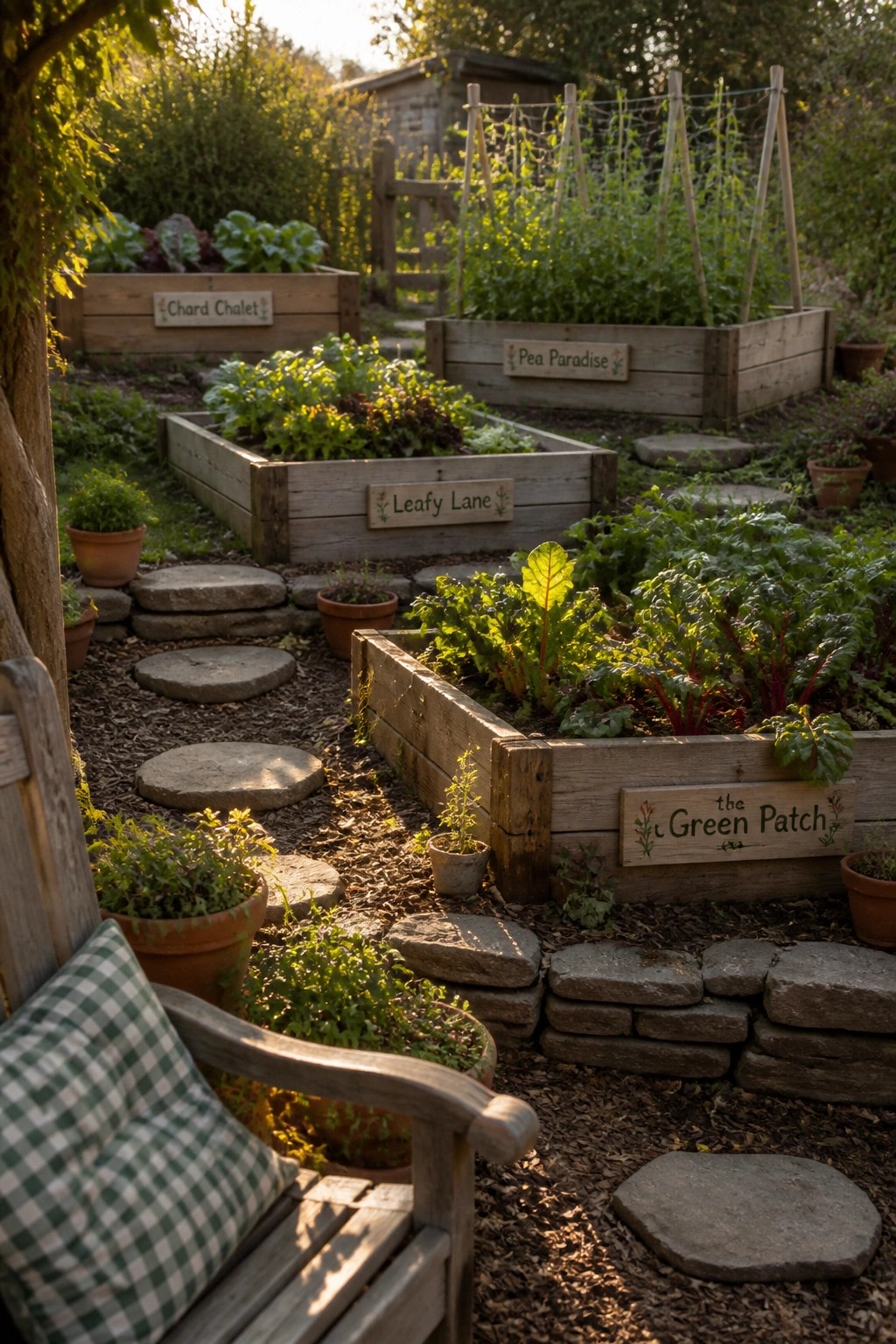 A backyard garden with multiple wooden raised beds filled with vegetables, stone stepping stone paths, and a wooden bench in the foreground.