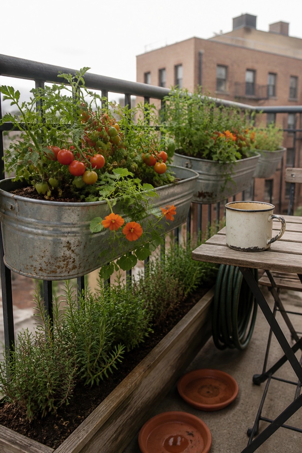 Balcony with metal trough planters mounted on a railing, filled with tomato plants and orange flowers, next to a wooden table holding a mug.